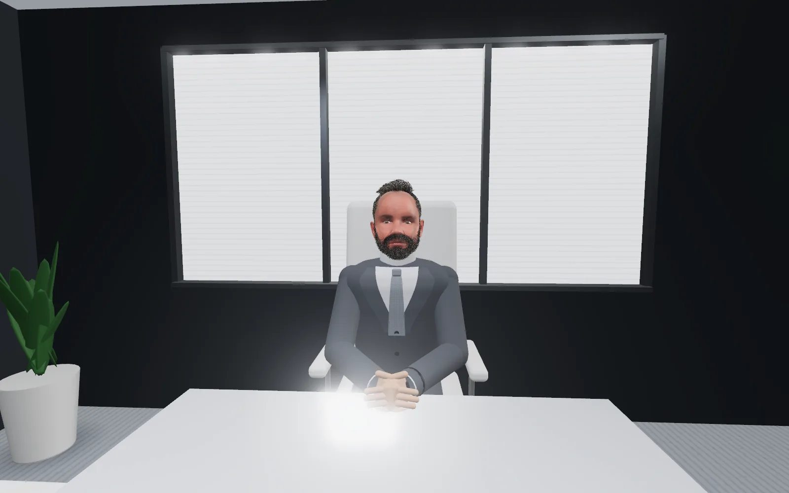 Ángel, convertido en personaje de videojuego, sentado a la mesa de la sala de juntas de LAWDE